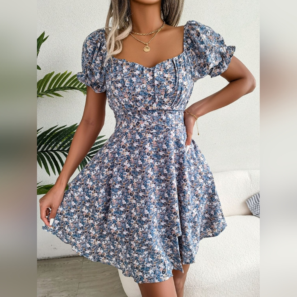 Floral Sweetheart Neck Flounce Sleeve Mini Dress